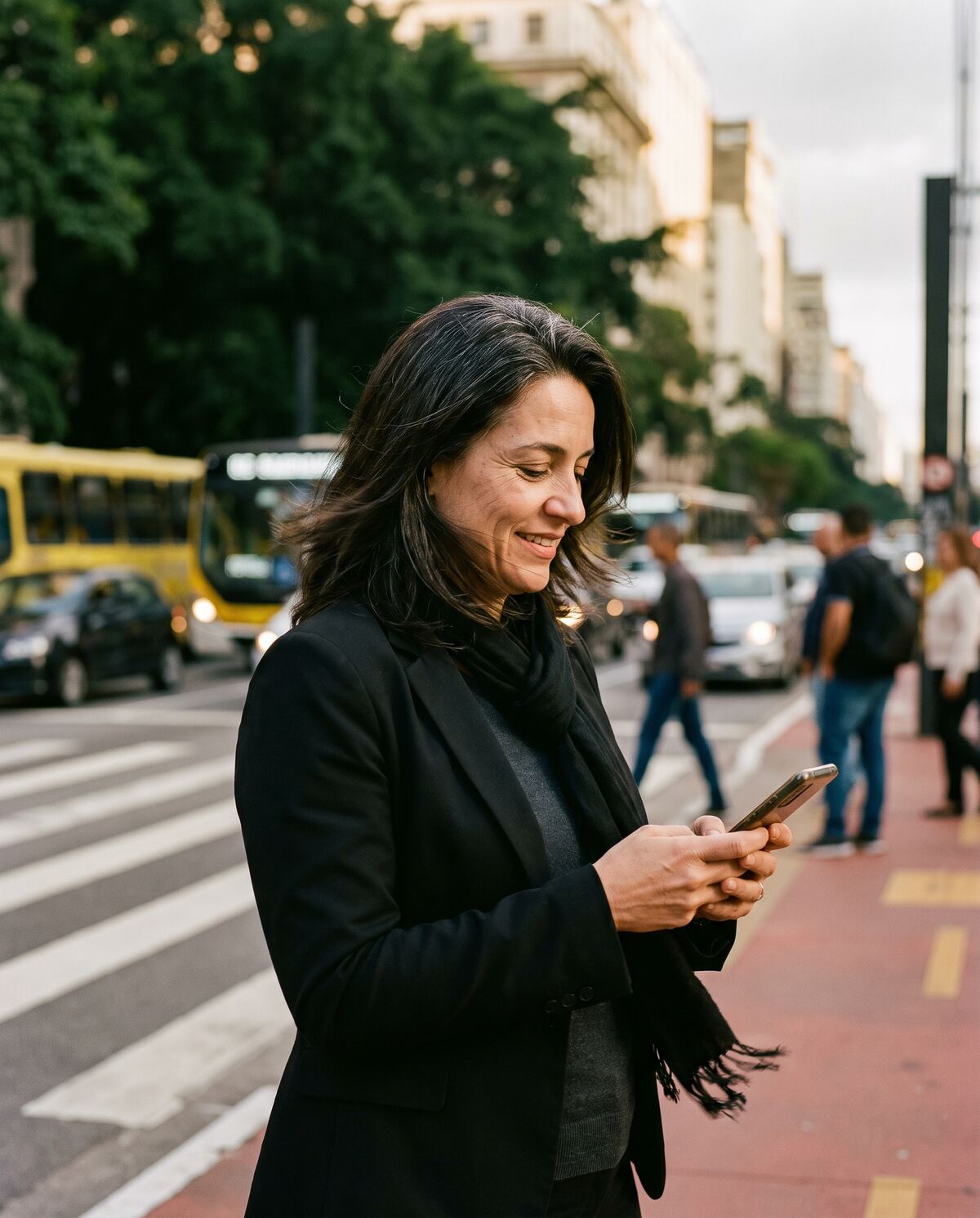 Mulher de blazer preto confere o celular numa calçada de avenida em São Paulo.