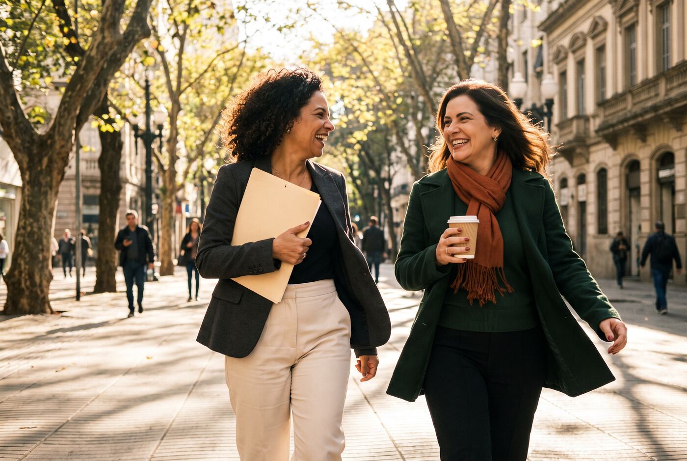 Duas mulheres conversam e riem enquanto caminham por uma calçada arborizada.