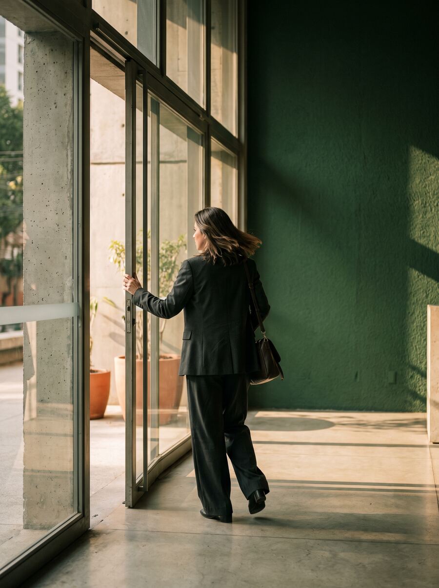 Mulher de terno escuro abre a porta de vidro de um prédio iluminado pelo sol da manhã.