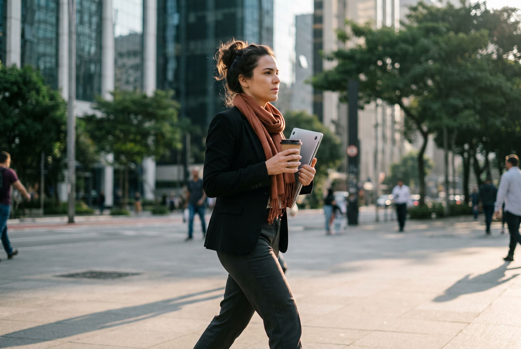 Mulher de blazer preto atravessa uma avenida de São Paulo de manhã, com um café na mão e o notebook debaixo do braço.